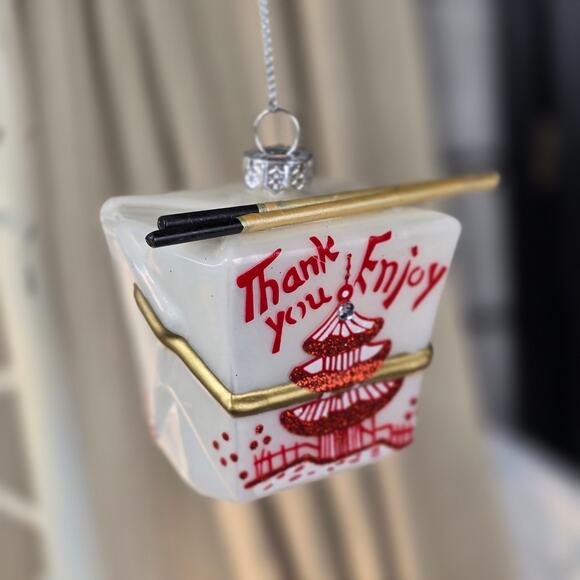 Chinese Take Out Box with Chopsticks Blown Glass Christmas Ornament Foodie - Picture 1 of 6